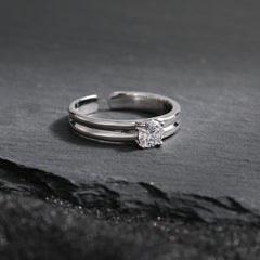 Simple Double Layers Four Claws Cubic Zirconia 925 Sterling Silver Adjustable Ring