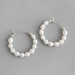 Elegant Natural Pearls Circles 925 Sterling Silver Hoop Earrings