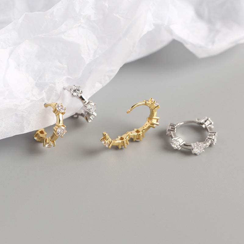 Lady Round CZ Geometry 925 Sterling Silver Hoop Earrings