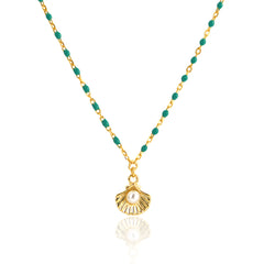 Holiday Gift Round Natural Pearl Shell Green Epoxy Chain 925 Sterling Silver Necklace