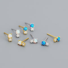 New Round Created Opal Snowman  CZ 925 Sterling Silver Stud Earrings