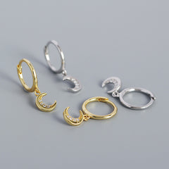 Sweet CZ Crescent Moon 925 Sterling Silver Hoop Earrings