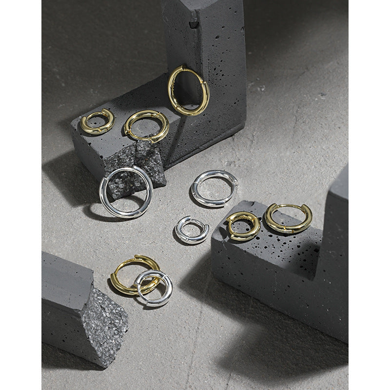 niche design minimalist and versatile geometric circle texture S925 pure silver earrings for women
