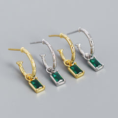 Elegant Geometry Green CZ Rectangle 925 Sterling Silver Hoop Earrings