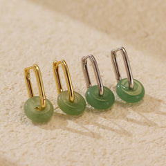 Elegant Natural Green Aventurine Ping Buckle 925 Sterling Silver Hoop Earrings