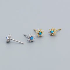 Cute Mini Blue Created Opal CZ Flower 925 Sterling Silver Stud Earrings