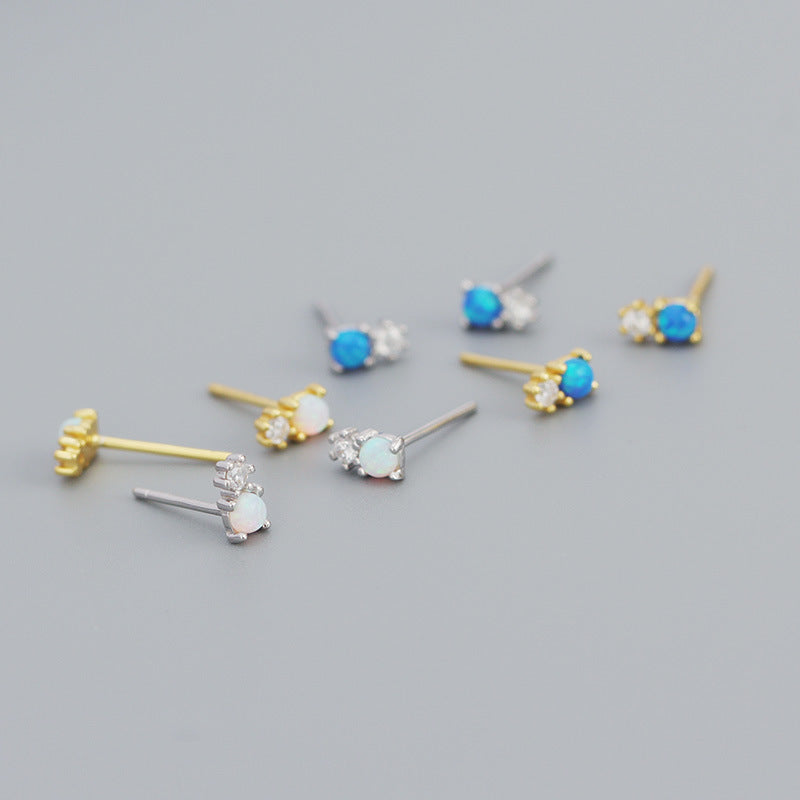 New Round Created Opal Snowman  CZ 925 Sterling Silver Stud Earrings