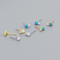 New Round Created Opal Snowman  CZ 925 Sterling Silver Stud Earrings