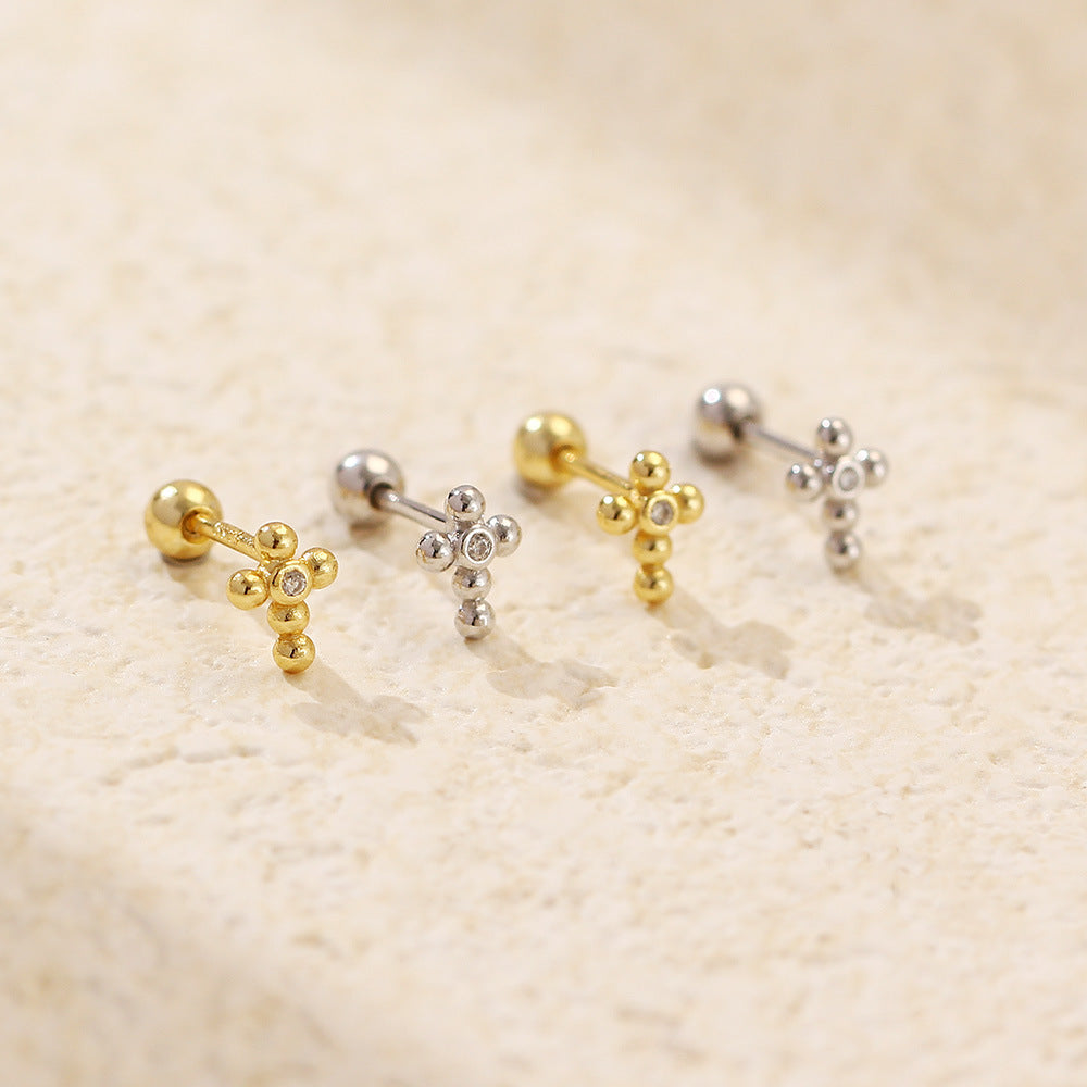 Office Simple Beads CZ Cross 925 Sterling Silver Stud Earrings