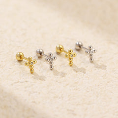 Office Simple Beads CZ Cross 925 Sterling Silver Stud Earrings