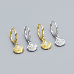 Fashion Round Shell Pearls Conch 925 Sterling Silver Leverback Dangling Earrings