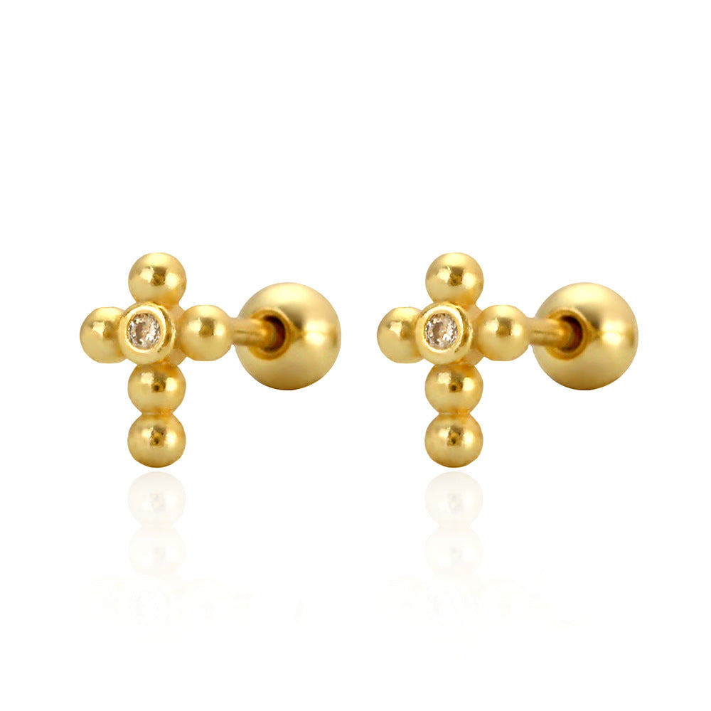 Office Simple Beads CZ Cross 925 Sterling Silver Stud Earrings