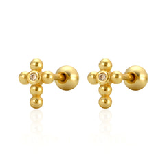 Office Simple Beads CZ Cross 925 Sterling Silver Stud Earrings
