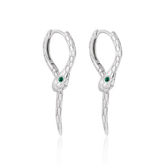 Modern Animal Gree CZ Eye Snake 925 Sterling Silver Leverback Dangling Earrings