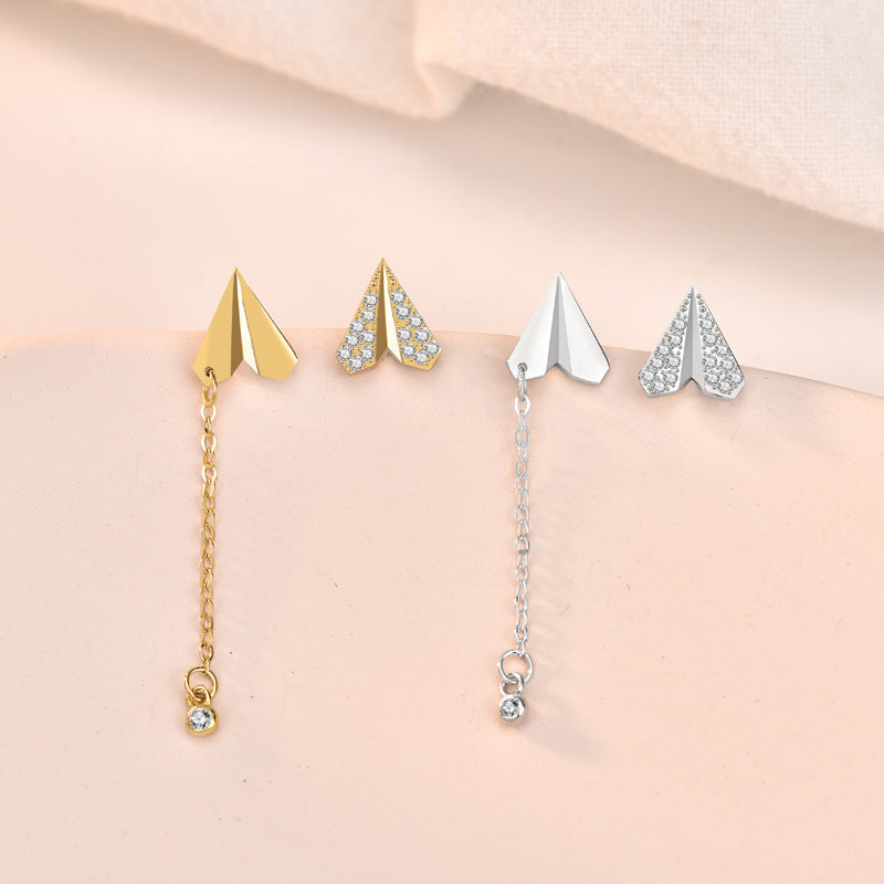 Asymmetry CZ Paper Plane Tassels New 925 Sterling Silver Dangling Earrings