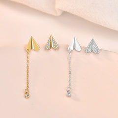 Asymmetry CZ Paper Plane Tassels New 925 Sterling Silver Dangling Earrings