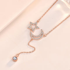 Friend's CZ Hollow Crescent Moon Star Tassels 925 Sterling Silver Necklace