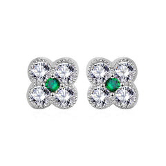 Cute Mini CZ Four Leaf Clover Lucky 925 Sterling Silver Stud Earrings