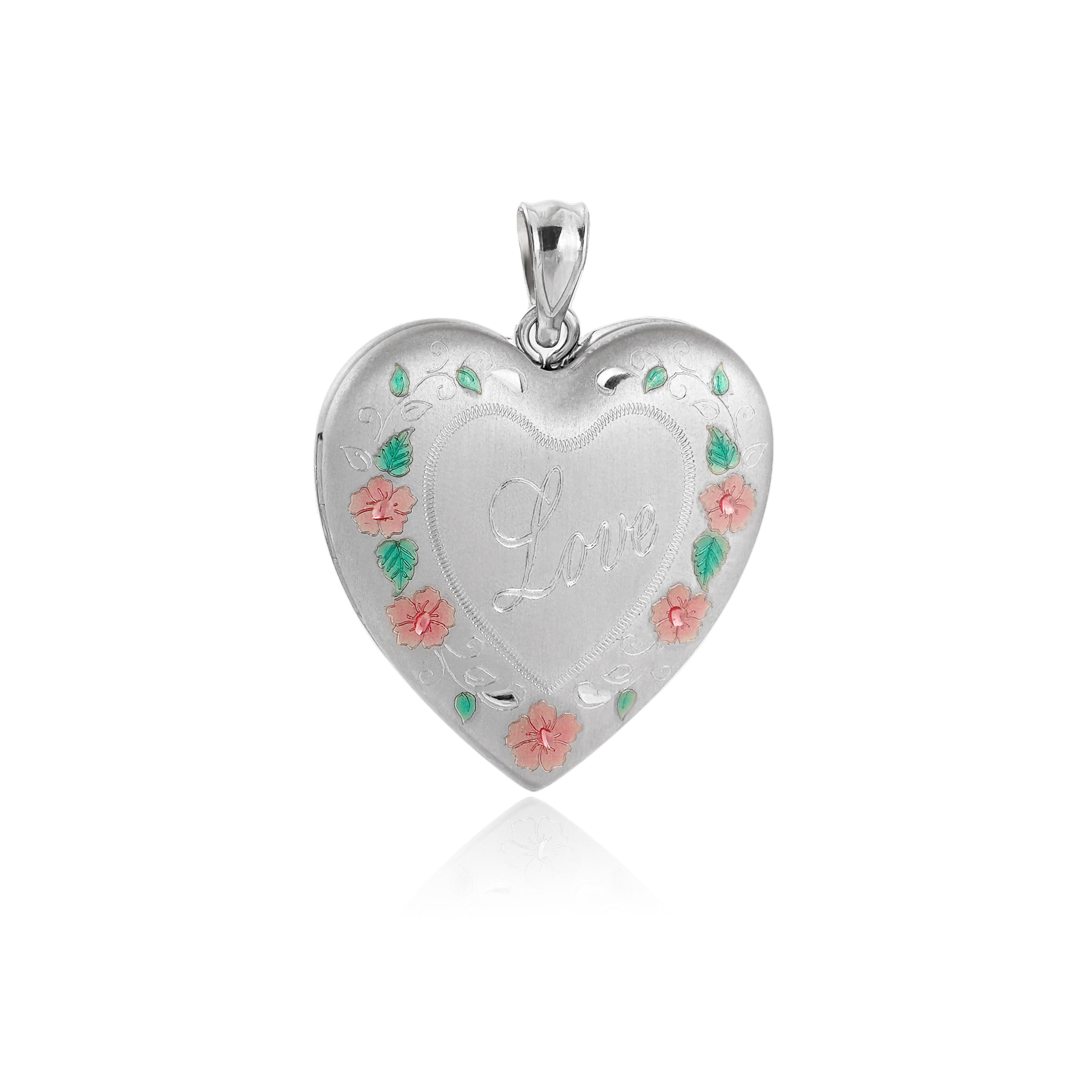 Beautiful Red Flowers Green Leaves Branch Heart 925 Sterling Silver Locket Necklace Pendant
