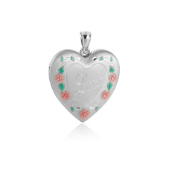 Beautiful Red Flowers Green Leaves Branch Heart 925 Sterling Silver Locket Necklace Pendant